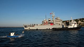 The Italian navy ship Libra as it arrives at the port of Shengjin, northwestern Albania Wednesday, Oct. 16, 2024.