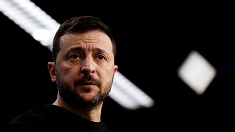 Ukraine's President Volodymyr Zelenskyy talks to journalists during a press conference at an EU summit in Brussels, Thursday, Oct. 17, 2024.