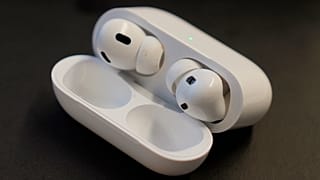 A pair of Apple AirPods Pro 2 are displayed on a table at Brooklyn College's audiology clinic in New York on Oct. 22, 2024.