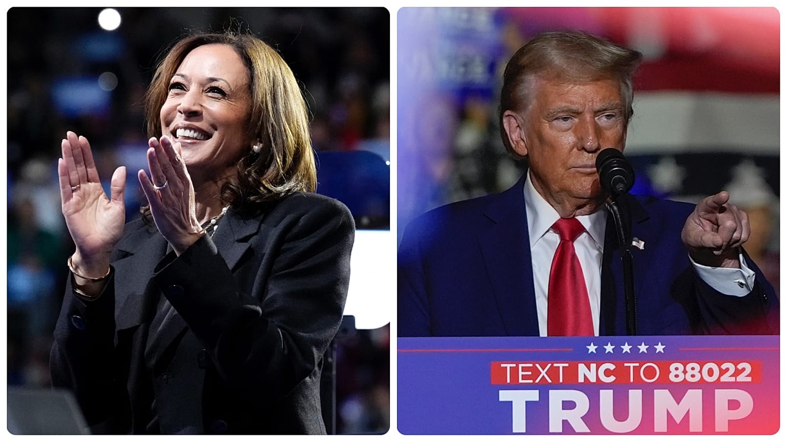 Kamala Harris a pennsylvaniai Erie-ben, Donald Trump az észak-karolinai Greenville-ben, 2024 októberében