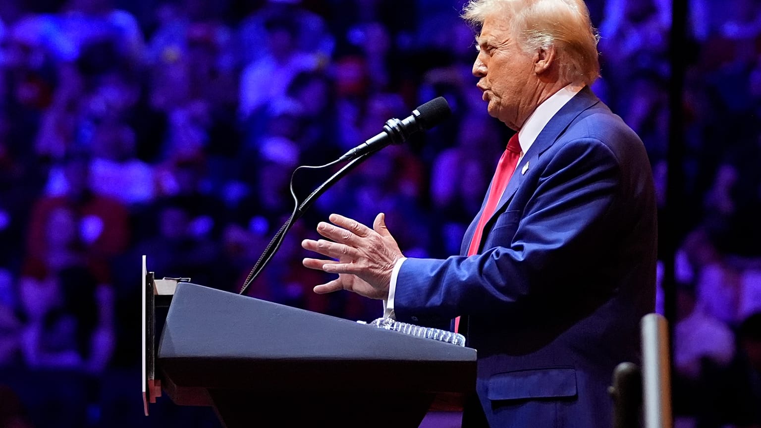 Der republikanische Präsidentschaftskandidat und ehemalige Präsident Donald Trump spricht bei einer Wahlkampfveranstaltung im Madison Square Garden, Sonntag, 27. Oktober 2024, in New York.