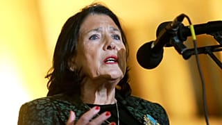 Georgian President Salome Zourabichvili speaks to a crowd during an opposition protest against the results of the parliamentary election in Tbilisi, Georgia.