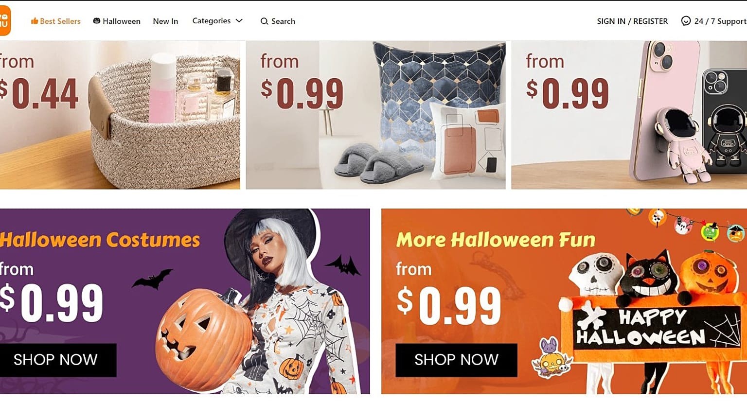 A Temu webpage displaying Halloween items.