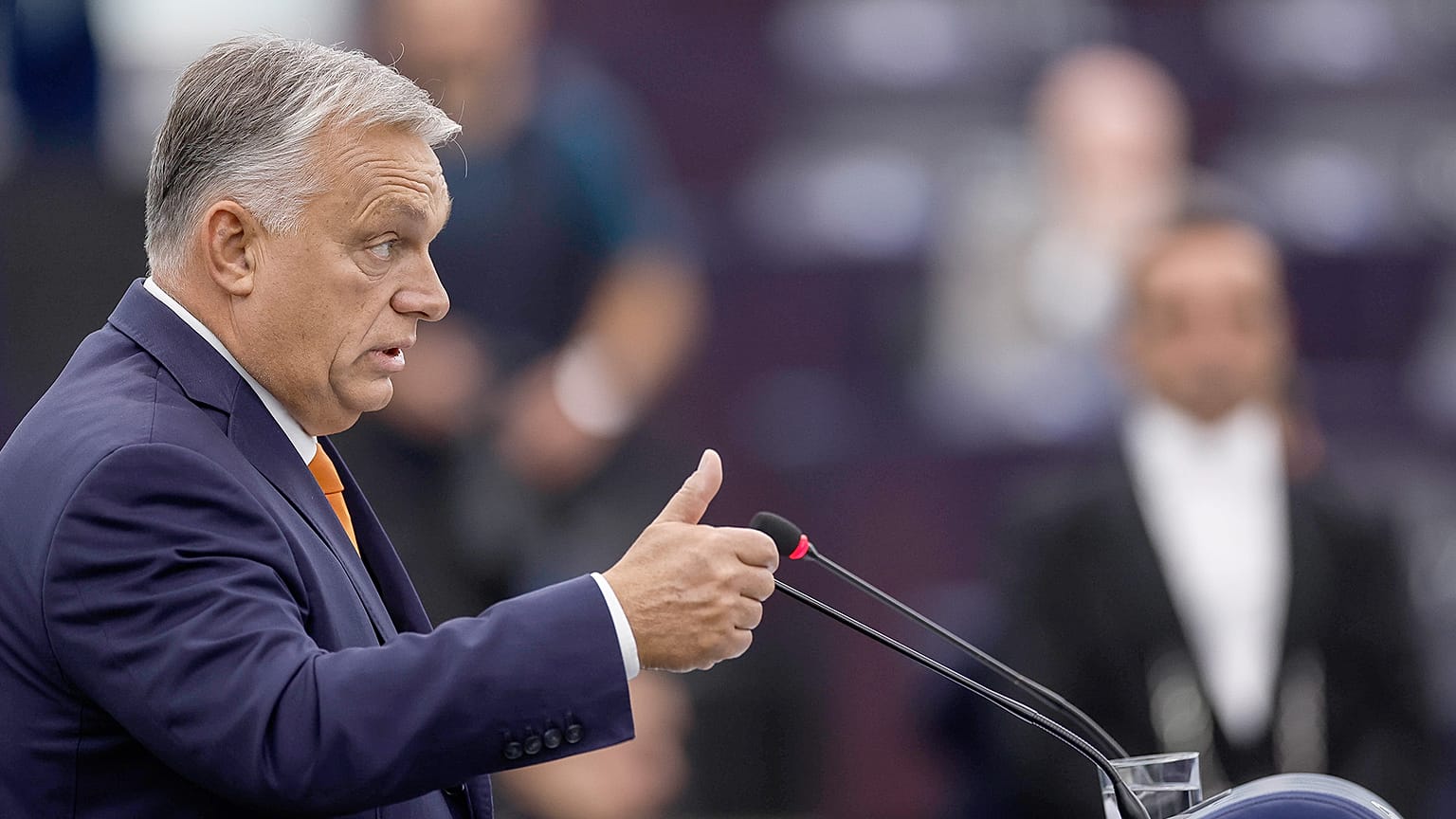 Hungarian Prime Minister Viktor Orban delivers his speech in the hemicycle of the European Parliament in Strasbourg, 9 October 2024