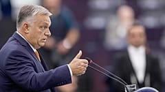 Hungarian Prime Minister Viktor Orban delivers his speech in the hemicycle of the European Parliament in Strasbourg, 9 October 2024