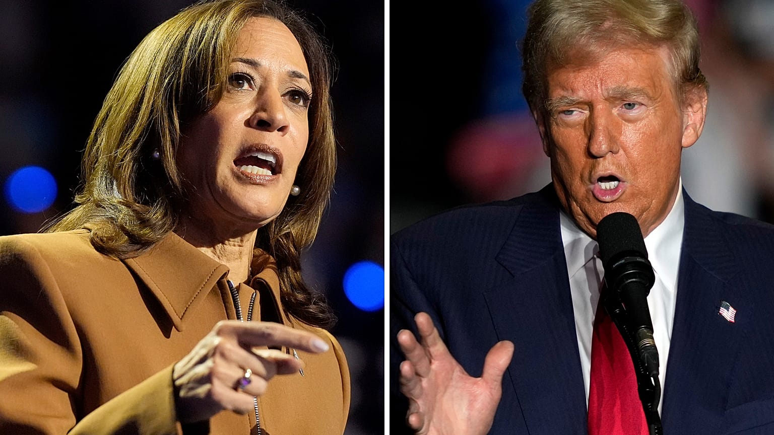 Kamala Harris lors d'un rassemblement dans le Michigan le 26 octobre 2024, et Donald Trump durant un rassemblement le 22 octobre 2024 en Caroline du Nord.