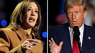 Kamala Harris lors d'un rassemblement dans le Michigan le 26 octobre 2024, et Donald Trump durant un rassemblement le 22 octobre 2024 en Caroline du Nord.