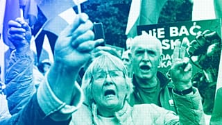 Backers of the right-wing opposition party Law and Justice take part in a protest ally against the policies of PM Donald Tusk's Cabinet in Warsaw, 14 September 2024