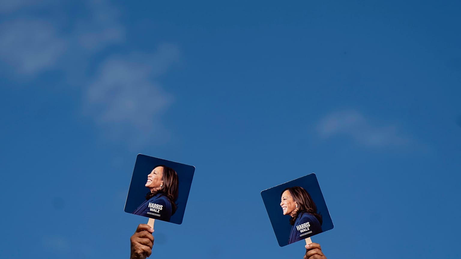 Demokrat Parti'nin New York'taki bir mitingde Kamala Harris'in destekçileri fotoğrafının yer aldığı pankartı taşıyor, 30 Ekim 2024