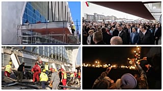 Az előtetőt májusban javították (bf), az állomást 2022-ben Orbán Viktorral megnyitották (jf), az előtető novemberben leszakadt (bl), az újvidékiek gyásza (jl)