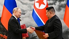 O Presidente russo Vladimir Putin, à direita, e o líder norte-coreano Kim Jong Un durante o seu encontro em Pyongyang, 19 de junho de 2024