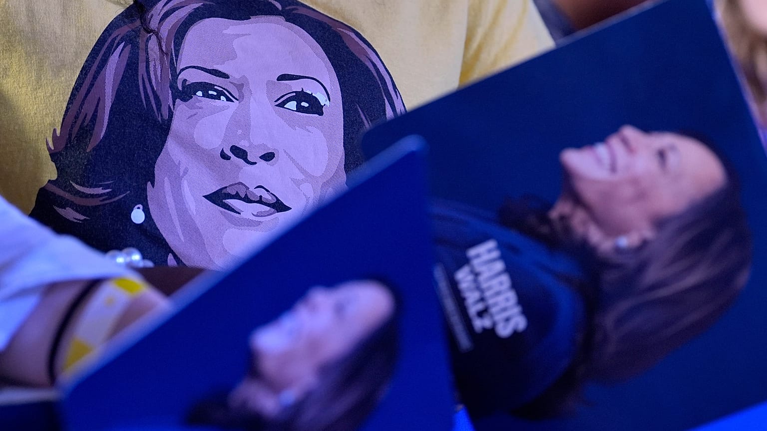 Destekçiler bir mitingde Kamala Harris'in kampanya pankartlarını taşıyor.