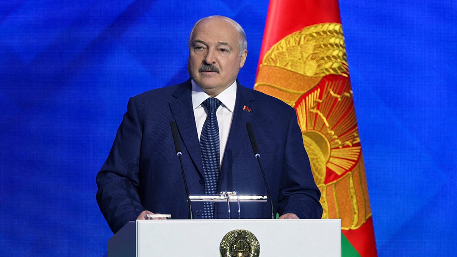 In this photo released by Belarusian Presidential Press Service on Thursday, Oct. 31, 2024, Belarusian President Alexander Lukashenko speaks in Minsk. 