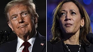 Fotoğrafta, sol tarafta Donald Trump sağ tarafta Kamala Harris görülüyor