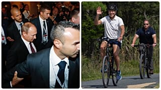 Vlagyimir Putyin testőrei gyűrűjében, Joe Bident a Secret Service tagja kíséri a bringázáson