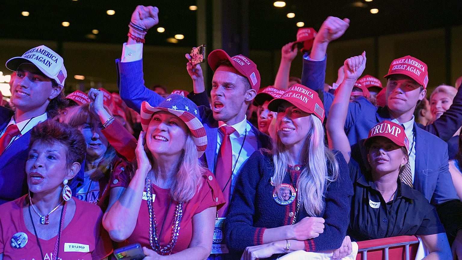 Supporters attend an election night watch party for Republican presidential nominee former President Donald Trump in West Palm Beach, FL, 5 November 2024