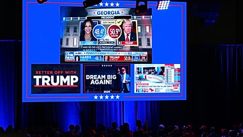 A large screen display is shown during an election night watch party for Republican Presidential nominee former President Donald Trump at the Palm Beach County Convention Cent
