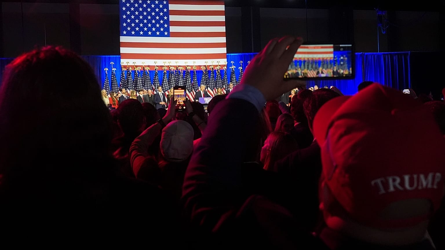 Republican presidential nominee former President Donald Trump speaks at an election night watch party