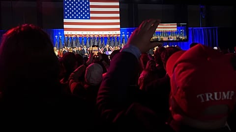 Republican presidential nominee former President Donald Trump speaks at an election night watch party