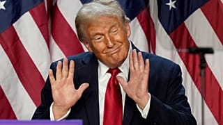 Republican presidential nominee former President Donald Trump dances after speaking at an election night watch party, Wednesday, Nov. 6, 2024, in West Palm Beach, Fla.