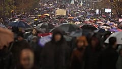 People march during a protest following the collapse of a concrete canopy at the railway station in Novi Sad that killed 14 people, in Belgrade, Serbia, Monday, Nov. 11, 2024.