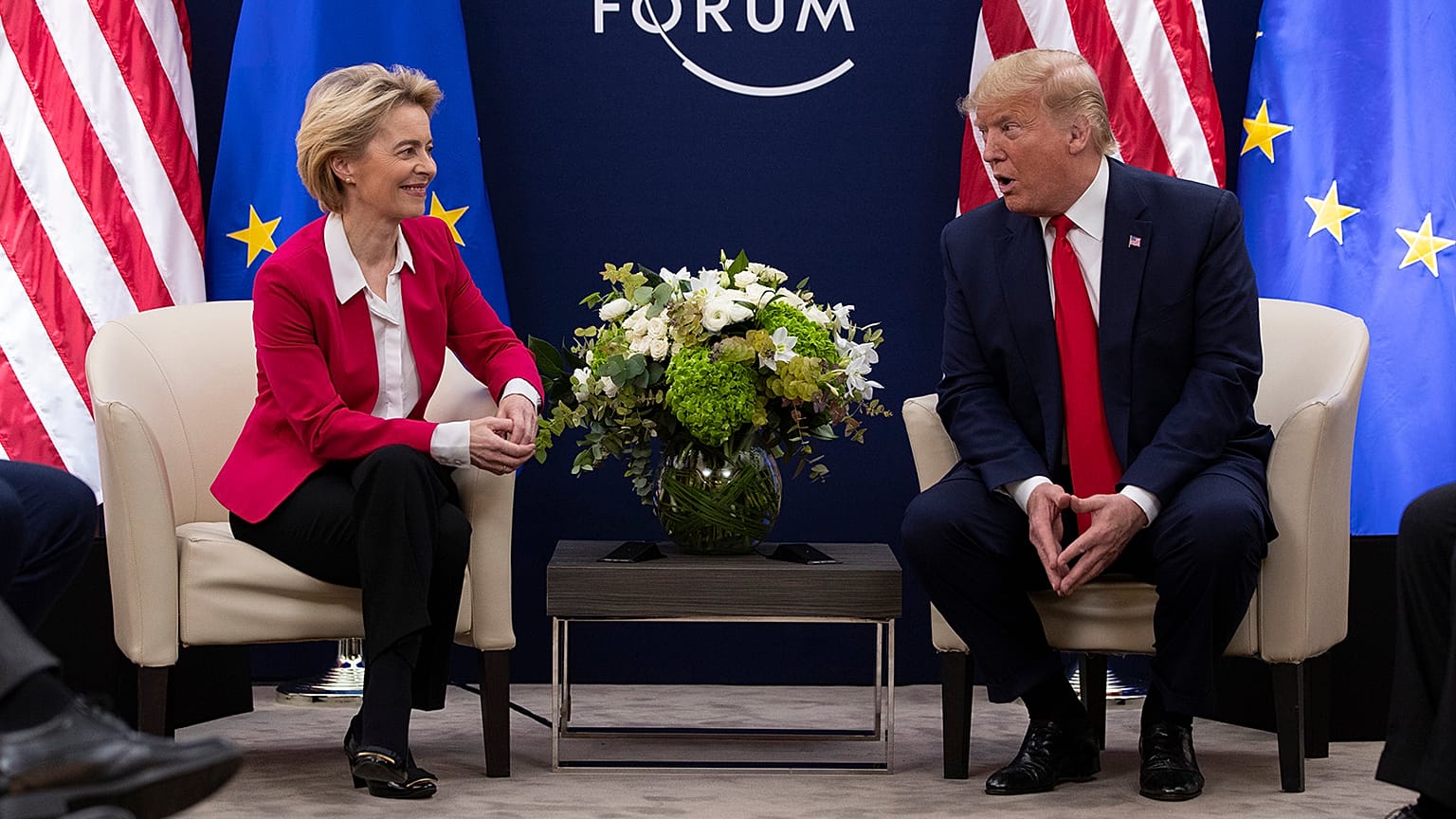 FILE: President Donald Trump meets with European Commission President Ursula von Der Leyen at the World Economic Forum, Jan. 21, 2020, in Davos, Switzerland