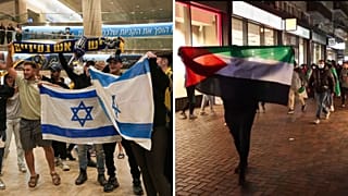 هواداران طرفدار فلسطین در نزدیکی ورزشگاه آژاکس در آمستردام پنجشنبه هفتم نوامبر (راست) و هواداران فوتبال مکابی تل آویو در فرودگاه بین المللی بن گوریون اسرائیل جمعه هشتم نوامبر 