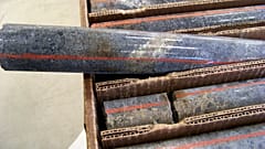 File picture of a core sample drilled from underground rock in the US shows a band of shiny minerals containing copper, nickel and precious metals 