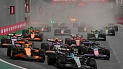 George Russell leads in his Mercedes after the start of the Brazilian Formula One Grand Prix in November