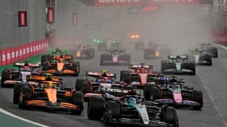 George Russell leads in his Mercedes after the start of the Brazilian Formula One Grand Prix in November