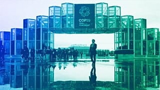 Attendees arrive for the day at the COP29 UN Climate Summit in Baku, November 2024