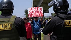 Διαδηλωτής κατά τη διάρκεια διαδήλωσης στο περιθώριο της συνόδου κορυφής της Οικονομικής Συνεργασίας Ασίας-Ειρηνικού (APEC) στη Λίμα του Περού, 14.11.2024