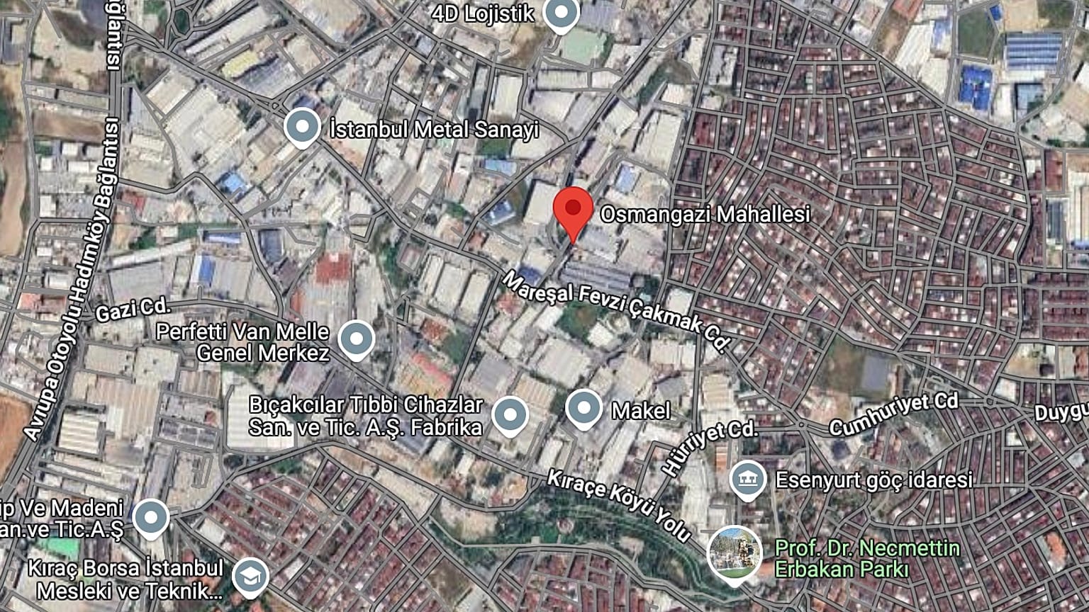 Yangının çıktığı Osmangazi Mahallesi'nin kuş bakışı görünümü (Google Maps)