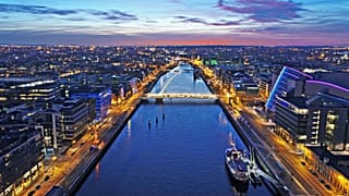 Aerial view of Dublin, Ireland, at night.