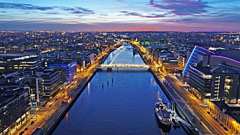 Aerial view of Dublin, Ireland, at night.