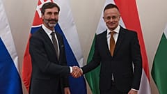 Министр иностранных дел Венгрии Петер Сийярто (справа) и министр иностранных дел Словакии Юрай Бланар в Будапеште, Венгрия, четверг, 14 ноября 2024 г