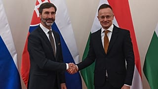 Министр иностранных дел Венгрии Петер Сийярто (справа) и министр иностранных дел Словакии Юрай Бланар в Будапеште, Венгрия, четверг, 14 ноября 2024 г