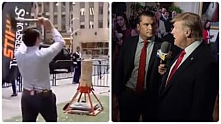 Pete Hegseth egy fejszehajító versenyen, majd a Fox riportereként interjút készít Donald Trumppal, 2017 áprilisában