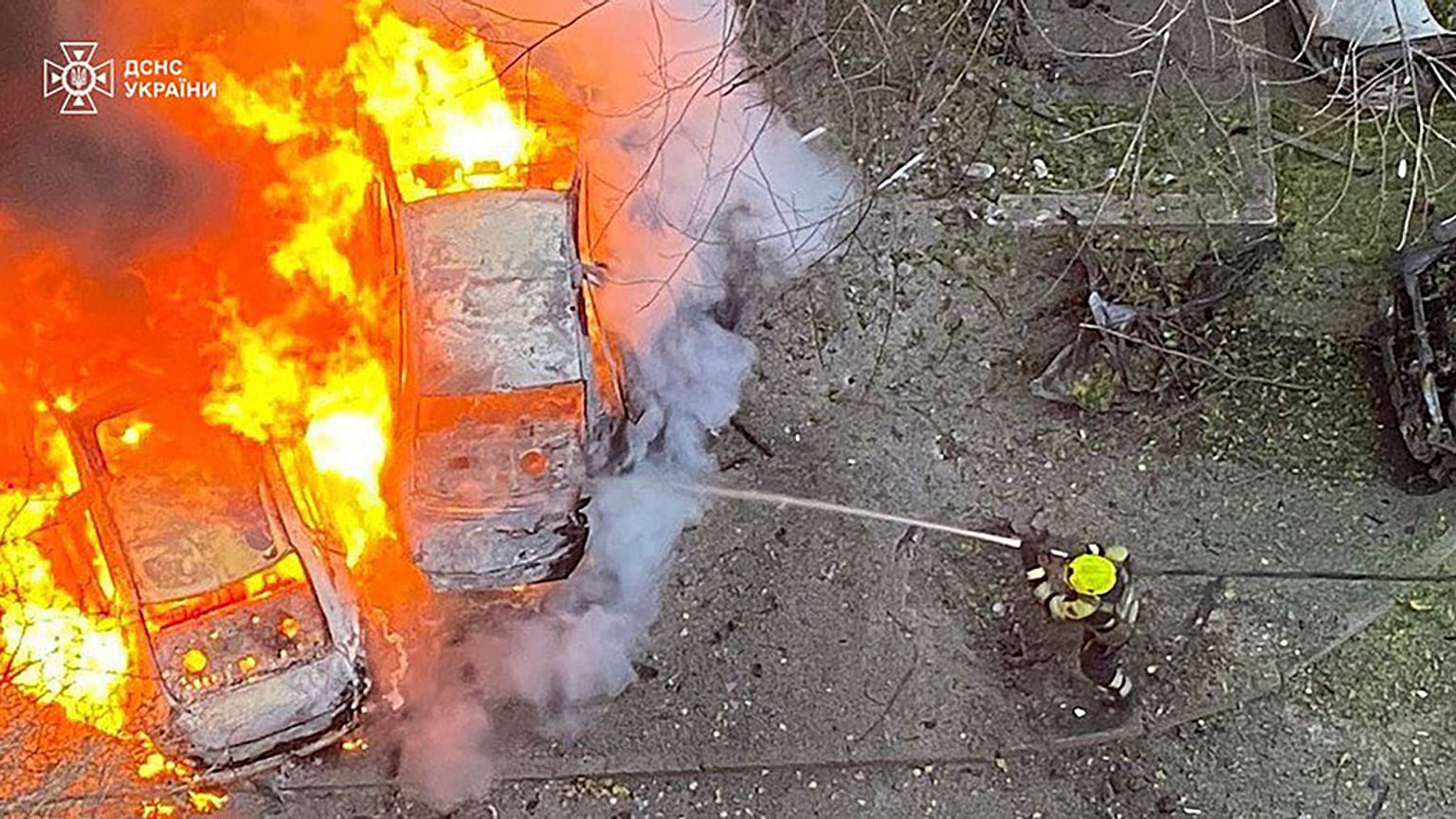  emergency services personnel work to extinguish a fire following a Russian rocket attack in Poltava region Ukraine, Sunday, Nov. 17, 2024. (Ukrainian Emergency Service via AP