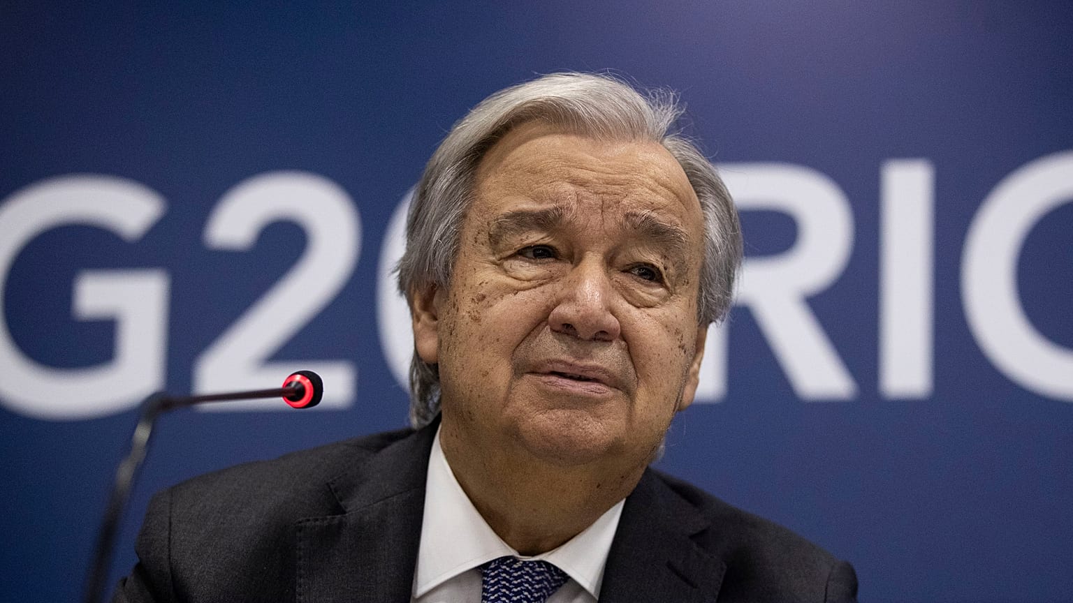 UN Secretary-General António Guterres attends a press conference a day before the opening of the G20 Summit, in Rio de Janeiro, Sunday, Nov. 17, 2024.
