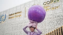 Chinese artist Kong Ning showcases her art installation "Purple Shells" that she says embodies the warming planet and polluted sea life, at COP29 on 18 November. 