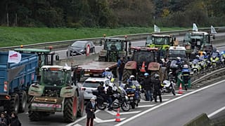 Des agriculteurs bloquent une autoroute pour protester contre l'accord commercial UE-Mercosur, lundi 18 novembre 2024 à Velizy-Villacoublay, près de Paris.