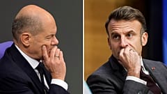 O Chanceler alemão Olaf Scholz, à esquerda, e o Presidente francês Emmanuel Macron 