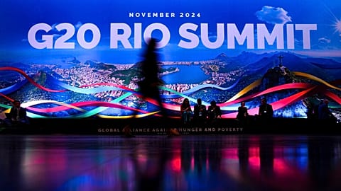A sign announces the G20 Summit in Rio de Janeiro, Brazil, Monday, Nov. 18, 2024.