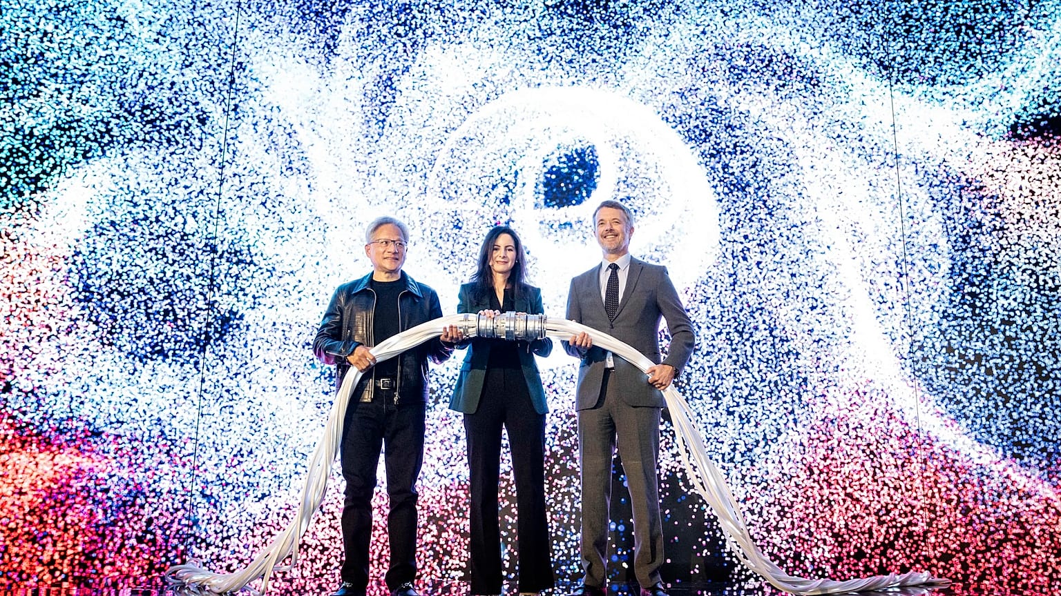 Nvidia CEO Jensen Huang (L, joins Denmark's King Frederik and Nadia Carlsten CEO of Danish Centre for AI Innovation A/S to power on the supercomputer Gefion  in Denmark