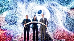 Nvidia CEO Jensen Huang (L, joins Denmark's King Frederik and Nadia Carlsten CEO of Danish Centre for AI Innovation A/S to power on the supercomputer Gefion  in Denmark