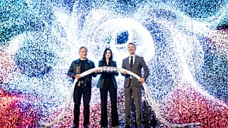 Nvidia CEO Jensen Huang (L, joins Denmark's King Frederik and Nadia Carlsten CEO of Danish Centre for AI Innovation A/S to power on the supercomputer Gefion  in Denmark