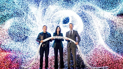 Nvidia CEO Jensen Huang (L, joins Denmark's King Frederik and Nadia Carlsten CEO of Danish Centre for AI Innovation A/S to power on the supercomputer Gefion  in Denmark
