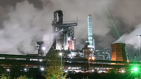 A blast furnace of German steel producer Thyssenkrupp is seen at night in Duisburg, Germany. 14 November 2024. 