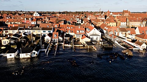 Flooding in the areas around Fiskergade and Tvaergade in Kerteminde, Funen, Denmark, Friday Dec. 22, 2023.